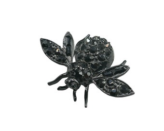 Vintage Black Bug Pin Brooch Enamel and Rhinestones Insect Beetle Japanned Style