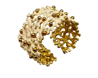 Vintage KENNETH LANE Cuff Bracelet Enameled Coral Design Hinged Wide Gold Tone