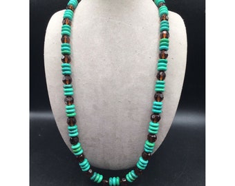 Turquoise Beaded Necklace Long Rondelle Beads with Topaz Glass Faceted Beads