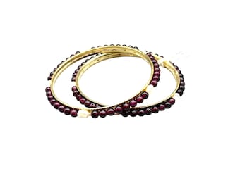 Vintage Garnets And Pearls Bangles Bracelets Set Of 2 Small Opening of 2.25"