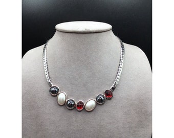 Vintage Collar Necklace with Red Glass & Hematite Stones Silver Tone Faux Pearls