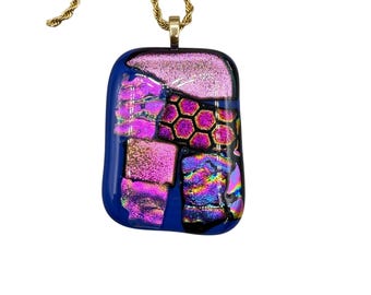 Vintage Rectangular Blue Dichroic Glass Pendant Necklace Iridescent Purple Pink