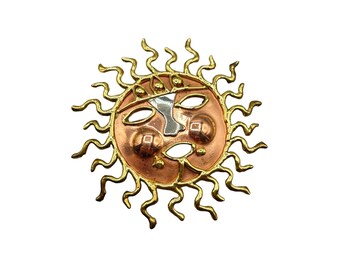 Vintage Handcrafted Mixed Metal Sunface Brooch Brutalist Made in Mexico Sunburst
