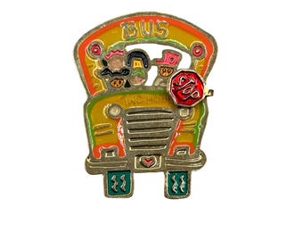 Vtg School Bus Pin Brooch Yellow Bus Driver Fun Pin Plique A Jour Style Enamel