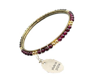 Vintage Garnets Bangle Bracelet Beaded Gold Tone Made In India