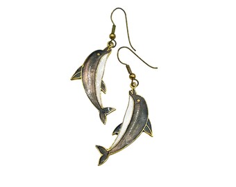Vintage Dolphin Earrings Pierced Dangles Cloisonne Enamel Drops Sealife Inspired
