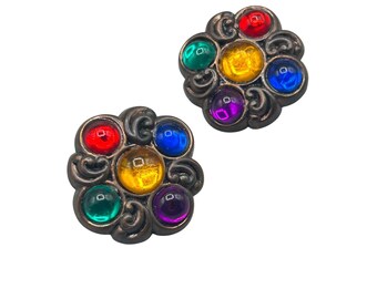 80s Multicolor Moghul Style Earrings Clip On Red Green Purple BLue Acrylic Cabochons