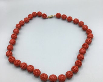 Vintage Carved Cinnabar Necklace Knotted Beaded Oriental Jewelry Sterling Clasp