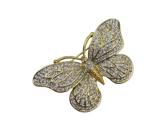 Vintage Rhinestones Butterfly Pin Brooch Gold Tone Sparkly Clear Crystal Pave