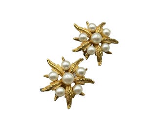 Vintage Clip On Earrings Gold Tone And Faux Pearls Flowers Sunburst Abstract Design