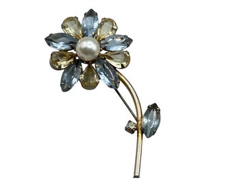 Vintage Rhinestones Flower Pin Brooch Dusty Yellow Light Blue Glass Stones