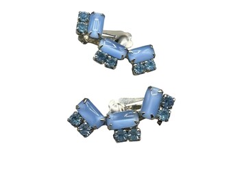 Vintage Light Blue Rhinestone Clip On Earrings Unique Shape Statement Earring