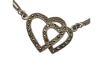 intersecting Double Hearts Necklace Sterling Silver And Marcasite Stones