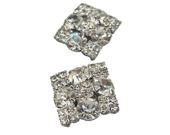 Vintage Rhinestone Clip On Earrings Glam Gatsby Inspired Square Silver Tone