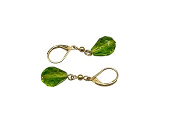 Peridot Glass Dangles Earrings Lever Back Pierced Drops Faceted Green Glass Beads