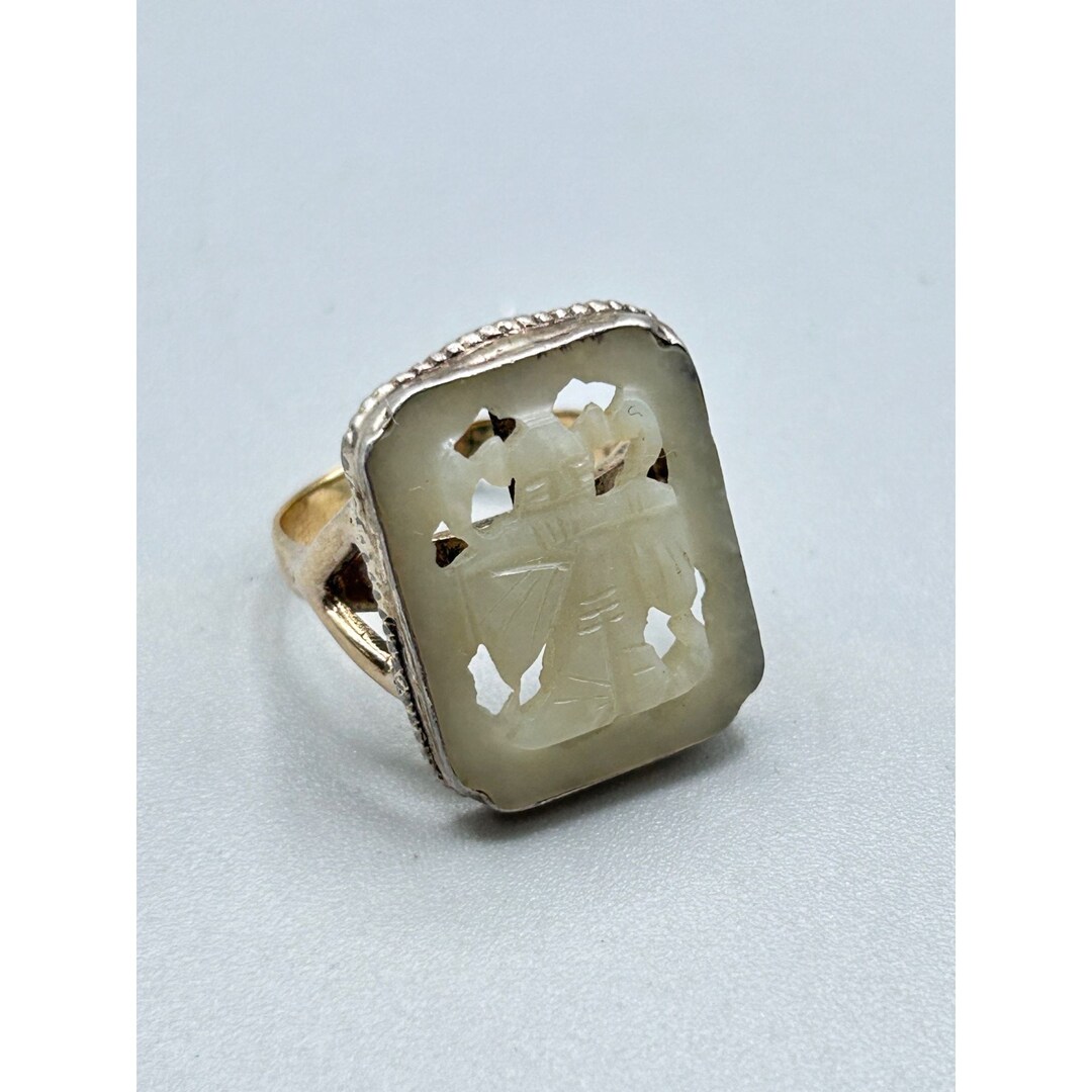 14K ゴールド リング 彫刻入り グリーン ストーン スターリング