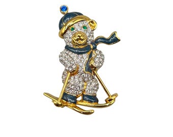 Swarovski Signed Christmas Holiday Teddy Bear Pin Brooch On Skis Gold Plated