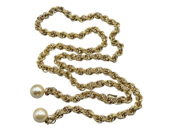 Vintage Lariat Necklace Twisted Rope With Pearls Ornate Textured Long Chain