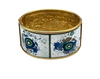 Vintage Enamel Panels Clamper Bracelet Blue White Green Wide Hinged Bangle