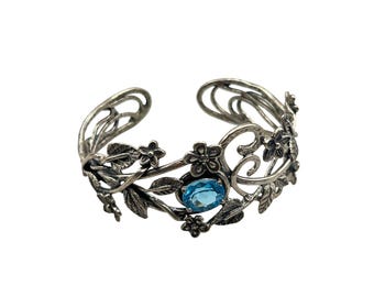 OR PAZ Sterling Silver Blue Topaz Cuff Bracelet Wide Intersecting Wine Flowers Design