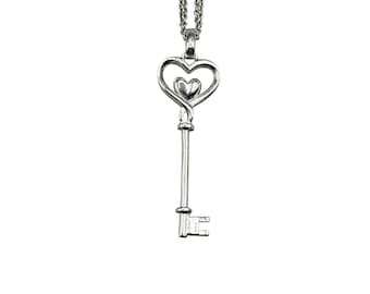 STERLING SILVER Skeleton Key Pendant Necklace Double Chain Stylized Key Heart Design
