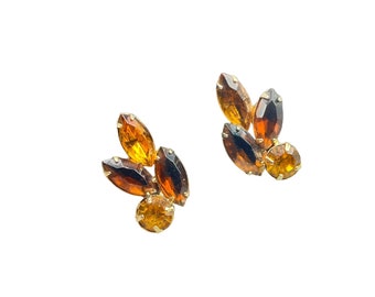 Vintage Rhinestone Earrings Clip On Topaz Glass Navette Marquise Shape Prong Set