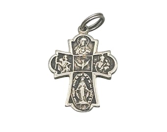 Vintage Sterling 4-Way Religious Medal St Christopher Sacred Heart Mary Joseph