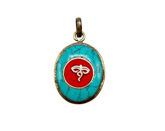 OM Wisdom Buddha Eye Pendant Turquoise And Red Color Stone Inlay Silver Tone Metal