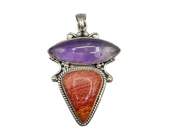 Rhodonite & Amethyst Pendant Sterling Silver 925 Genuine Semi Precious Stones