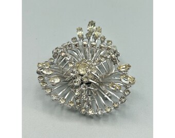 Layered Dimensional Rhinestones Brooch MCM Mid Century Modern Silver Tone Pin