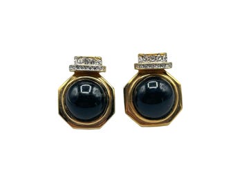 Vintage Geometric Gold Tone Clip On Earrings Black Glass & Clear Rhinestones