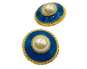 Vintage Clip On Statement Earrings Blue Enamel & Faux Pearl Gold Tone Round
