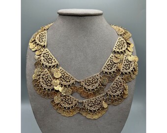 Napier Coin Necklace Massive Statement Gold Tone Double Layered 1970s Jewelry