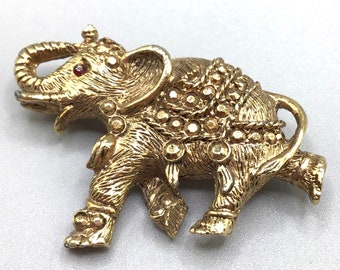 Vintage Elephant Brooch Gold Tone Animal Pin Golden Elephant with Trunk Red Eye