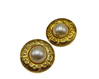 Vintage Clip On Earrings Faux Pearl Statement Gold Tone Elegant Costume Jewelry