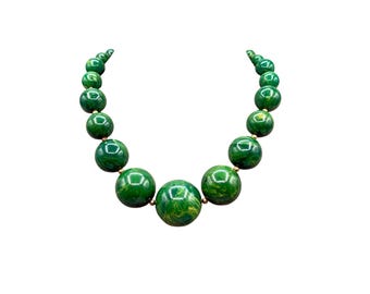 Vintage Green Yellow Marbled Bakelite Necklace Graduated Beads Early Plastics