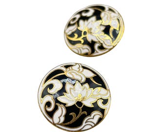 Vintage Enamel Cloisonne Pierced Earrings Lotus Floral Design Black & White