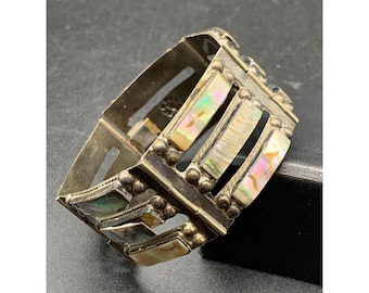 Mexico 925 Bracelet Sterling Silver Seashell Inlay Panel Wide Link Bracelet