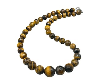 Graduated TIGER EYE necklace Faceted beads Sterling Silver Clasp 16" Long