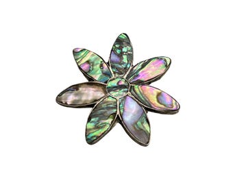 Vintage ALPACA Mexico Daisy Flower Pin Brooch Pendant Abalone Shell Inlay