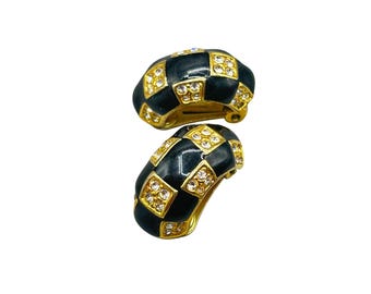 Vintage Roman Clip On Earrings Black Enamel & Rhinestone Gold Tone Huggies Shrimp Checkers Pattern