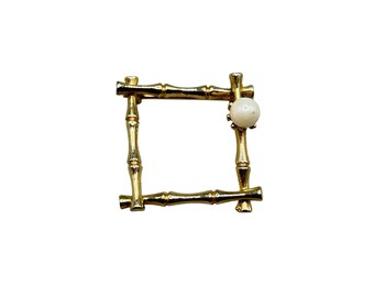 Vintage Bamboo Design Pin Brooch Square Design Gold Tone With Faux Pearl