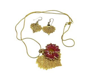 Gold Plated Dipped Leaf Necklace & Earrings Set With Real Pressed Flower