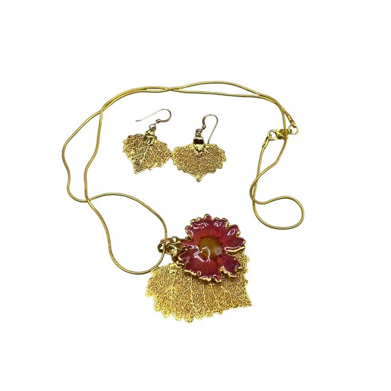 Gold Plated Dipped Leaf Necklace & Earrings Set W… - image 1
