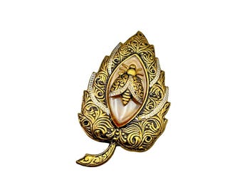 Vintage Spanish Toledo Ware Leaf Brooch Bug Intricate Details Damascene Style