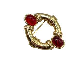 Vintage Red And Gold Pin Brooch Red Glass Cabochon 80s Vintage Jewelry