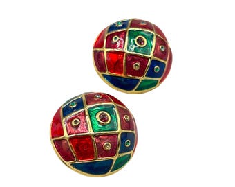 Vintage Enamel Mosaic Clip On Earrings Red Green & Blue Button Earrings