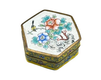 Vintage Antique Hexagon Chinese Enamel Trinket Box Yellow Flowers and Bird