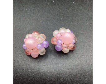 Pink & Purple Lucite Clip On Earrings Beaded Clusters Fleur Pastels Pin Up Style