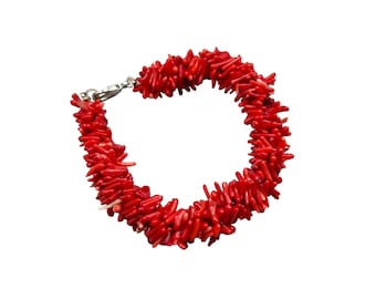 Red Coral Beaded Bracelet Coral Chips Chunky Bracelet 7" Long Summer Jewelry